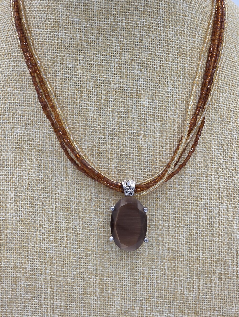 Premier Designs Brown Beaded Multi-Strand Necklace with Oval Pendant